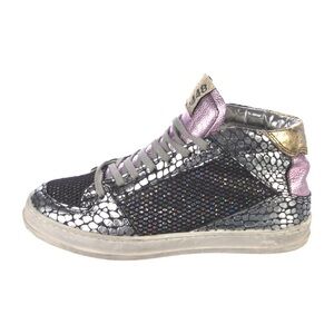 P448 Metallic Silver & Black High-Top Sneakers with Pink Accents size 38